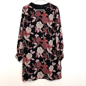 BANANA REPUBLIC Factory Black Mauve Rose Pink Tan Floral Long Sleeve Shift Dress